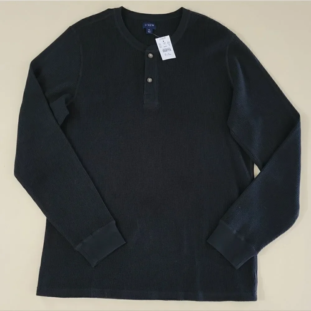 J.Crew Men's Black Long Sleeve Crewneck Waffle-knit Henley Shirt